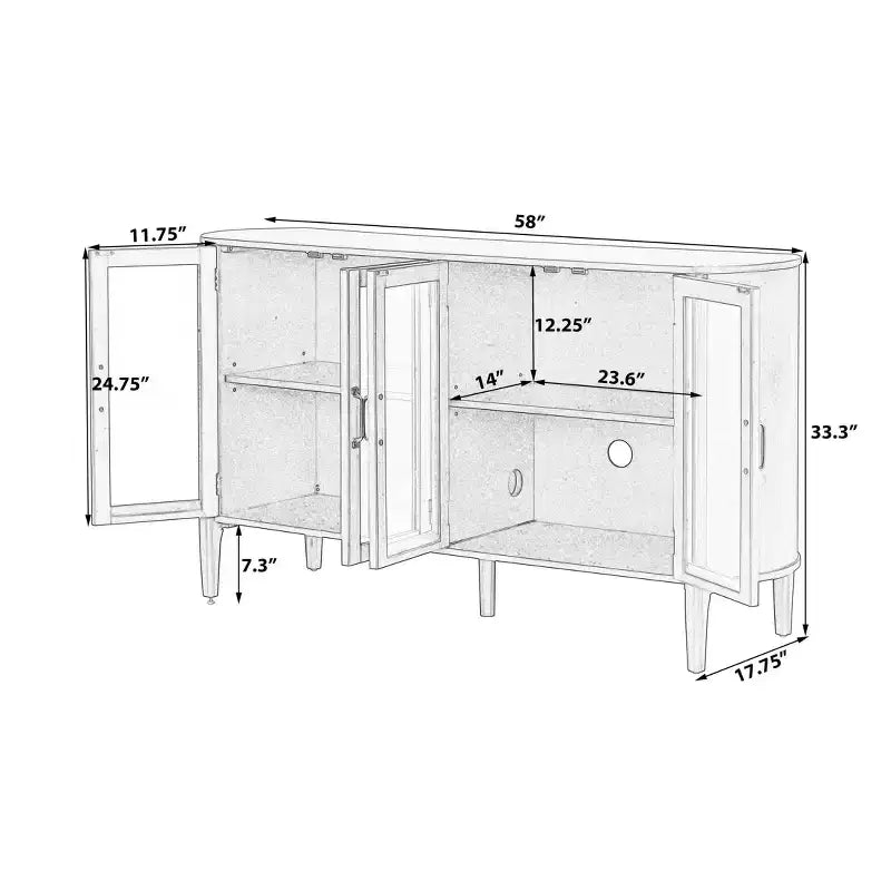 Meuble de rangement moderne du milieu du siècle de 58 po avec 4 portes vitrées et étagères réglables