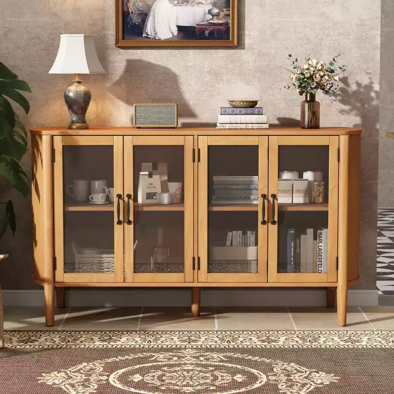 Meuble de rangement moderne du milieu du siècle de 58 po avec 4 portes vitrées et étagères réglables