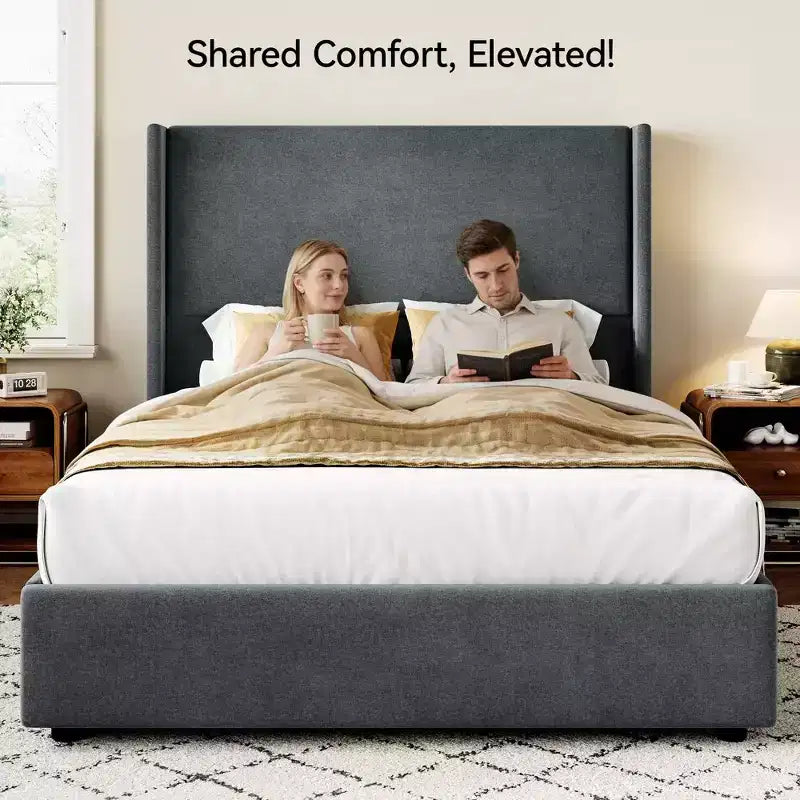 Lit plateforme capitonné Queen avec tête de lit à oreilles de 141 cm, support silencieux à lattes en bois, pas besoin de sommier tapissier