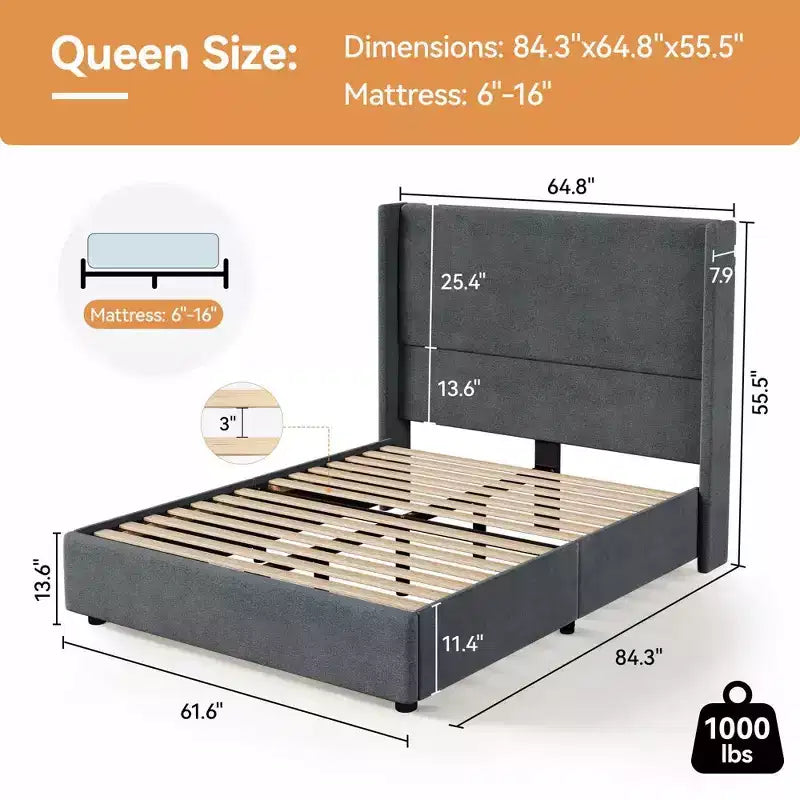 Lit plateforme capitonné Queen avec tête de lit à oreilles de 141 cm, support silencieux à lattes en bois, pas besoin de sommier tapissier