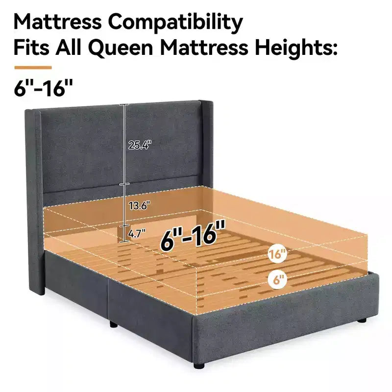 Lit plateforme capitonné Queen avec tête de lit à oreilles de 141 cm, support silencieux à lattes en bois, pas besoin de sommier tapissier