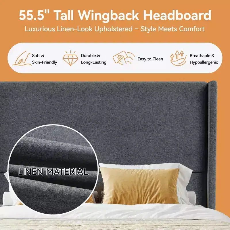 Lit plateforme capitonné Queen avec tête de lit à oreilles de 141 cm, support silencieux à lattes en bois, pas besoin de sommier tapissier