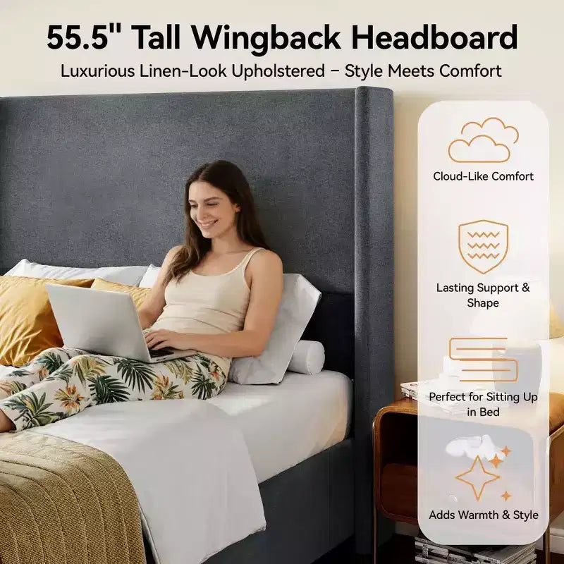 Lit plateforme capitonné Queen avec tête de lit à oreilles de 141 cm, support silencieux à lattes en bois, pas besoin de sommier tapissier