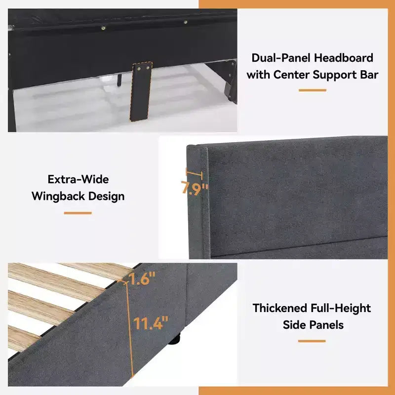 Lit plateforme capitonné Queen avec tête de lit à oreilles de 141 cm, support silencieux à lattes en bois, pas besoin de sommier tapissier