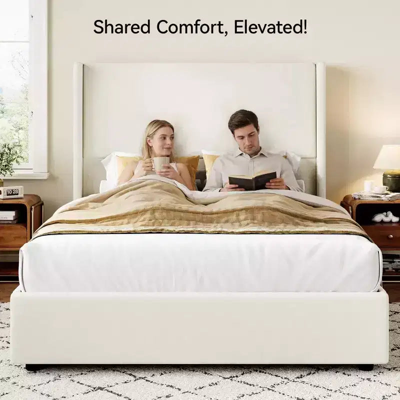 Lit plateforme capitonné Queen avec tête de lit à oreilles de 141 cm, support silencieux à lattes en bois, pas besoin de sommier tapissier
