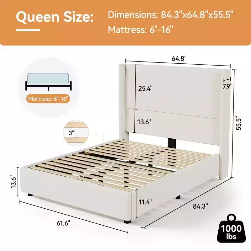 Lit plateforme capitonné Queen avec tête de lit à oreilles de 141 cm, support silencieux à lattes en bois, pas besoin de sommier tapissier