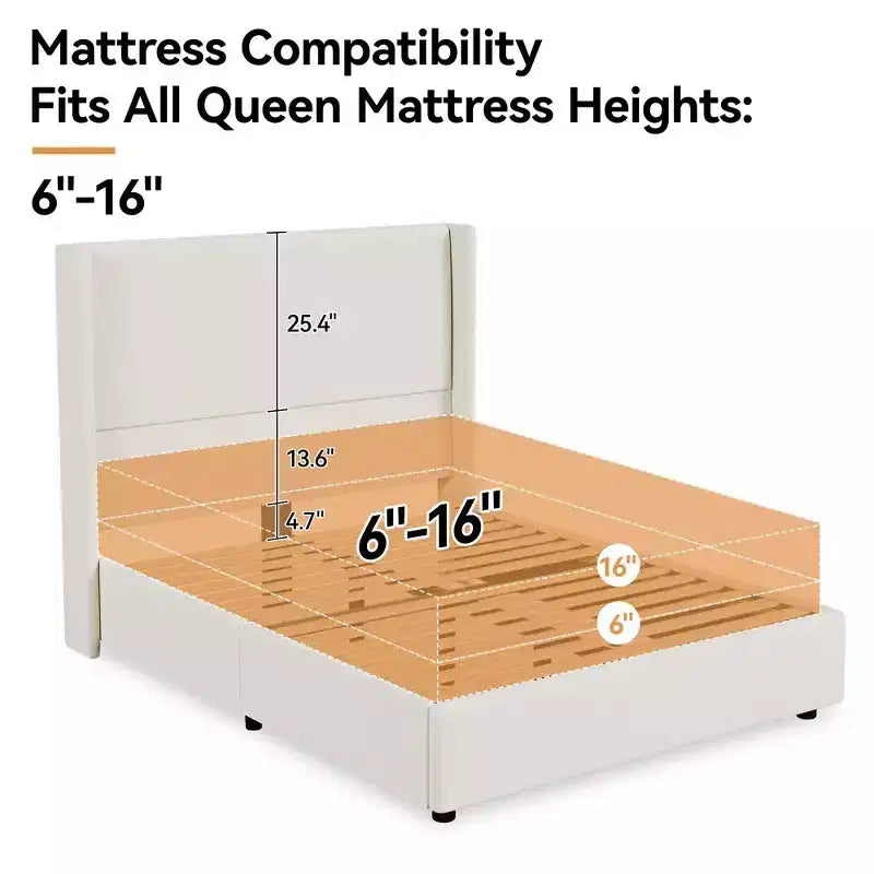 Lit plateforme capitonné Queen avec tête de lit à oreilles de 141 cm, support silencieux à lattes en bois, pas besoin de sommier tapissier