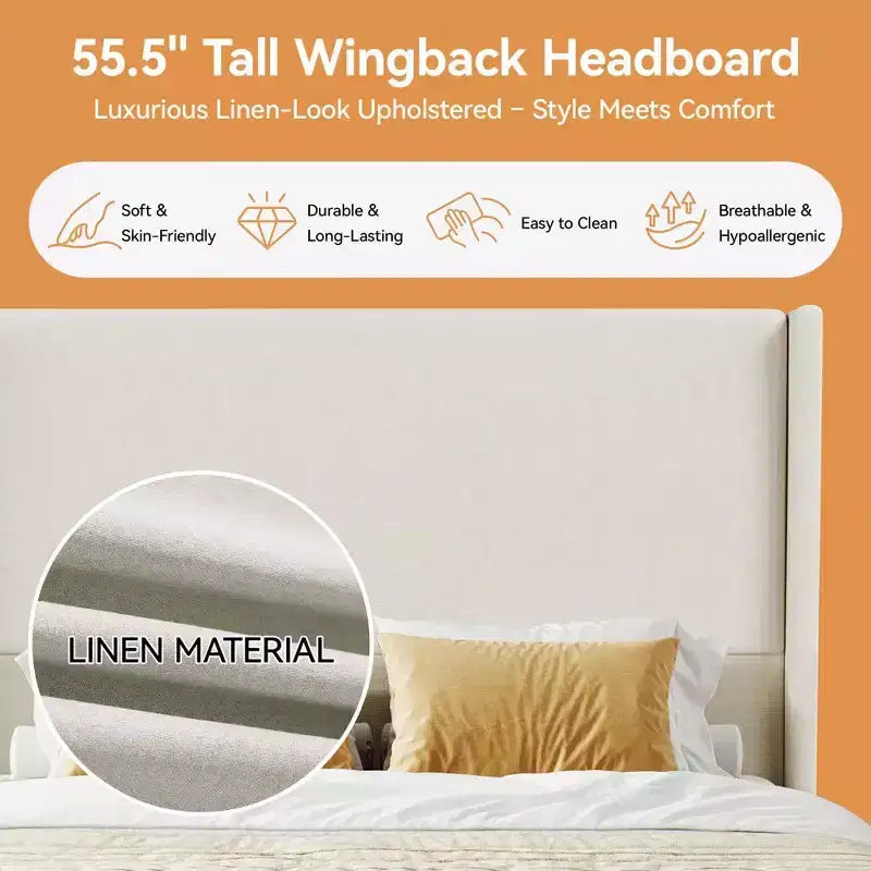 Lit plateforme capitonné Queen avec tête de lit à oreilles de 141 cm, support silencieux à lattes en bois, pas besoin de sommier tapissier
