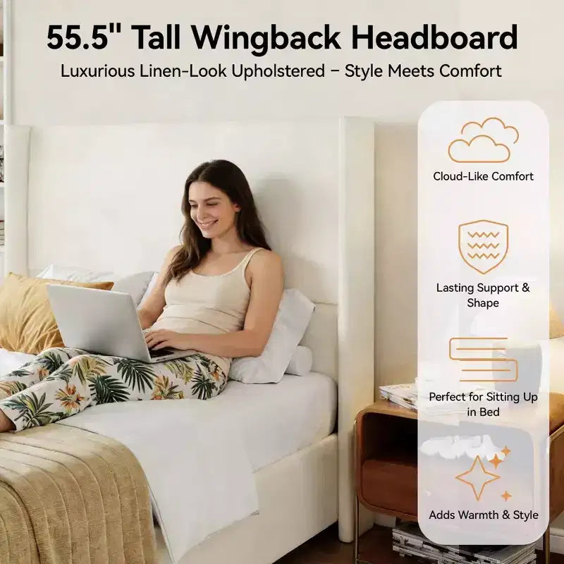 Lit plateforme capitonné Queen avec tête de lit à oreilles de 141 cm, support silencieux à lattes en bois, pas besoin de sommier tapissier