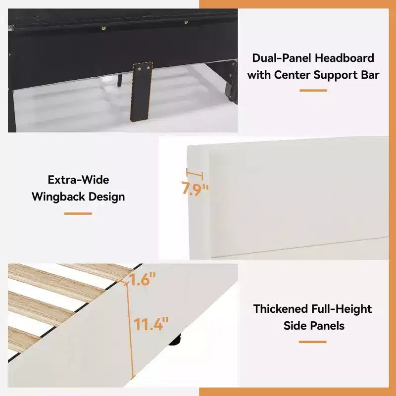 Lit plateforme capitonné Queen avec tête de lit à oreilles de 141 cm, support silencieux à lattes en bois, pas besoin de sommier tapissier