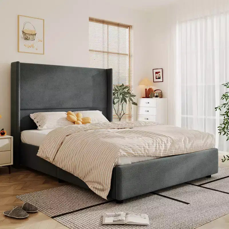 Lit plateforme capitonné Queen avec tête de lit à oreilles de 141 cm, support silencieux à lattes en bois, pas besoin de sommier tapissier