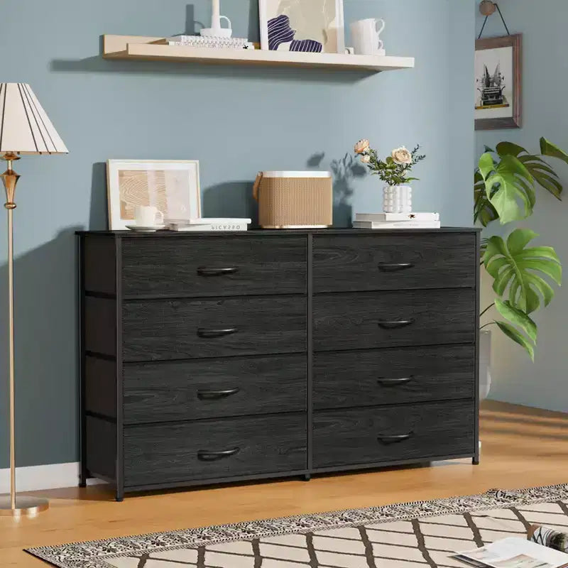Wide Fabric Dresser for Bedroom 8 Drawer Storage Chest 55 Inch TV Stand Entertainment Center Wood Top Organizer Unit Living Room Hallway Furniture