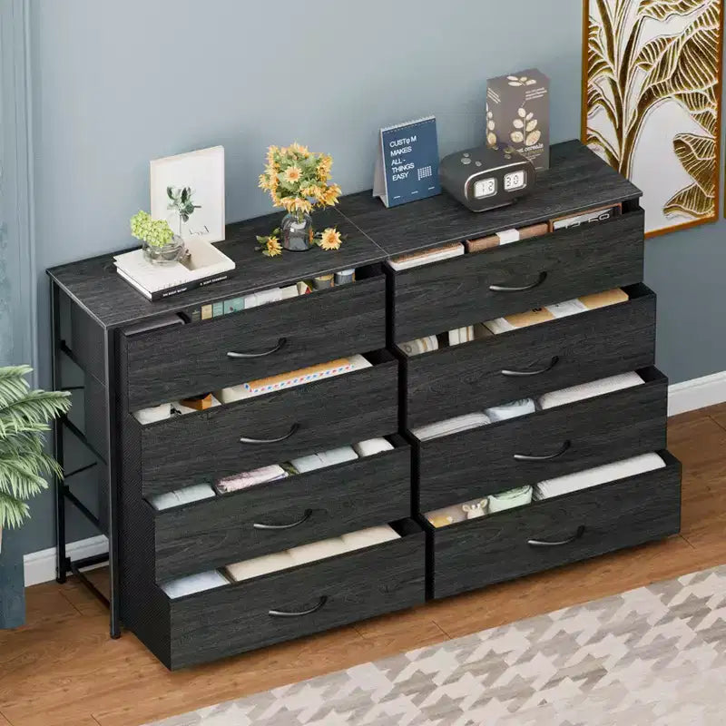 Commode large en tissu pour chambre à coucher, avec 8 tiroirs de rangement, support TV de 140 cm, meuble TV, organisateur à plateau en bois, meuble de salon et de couloir.