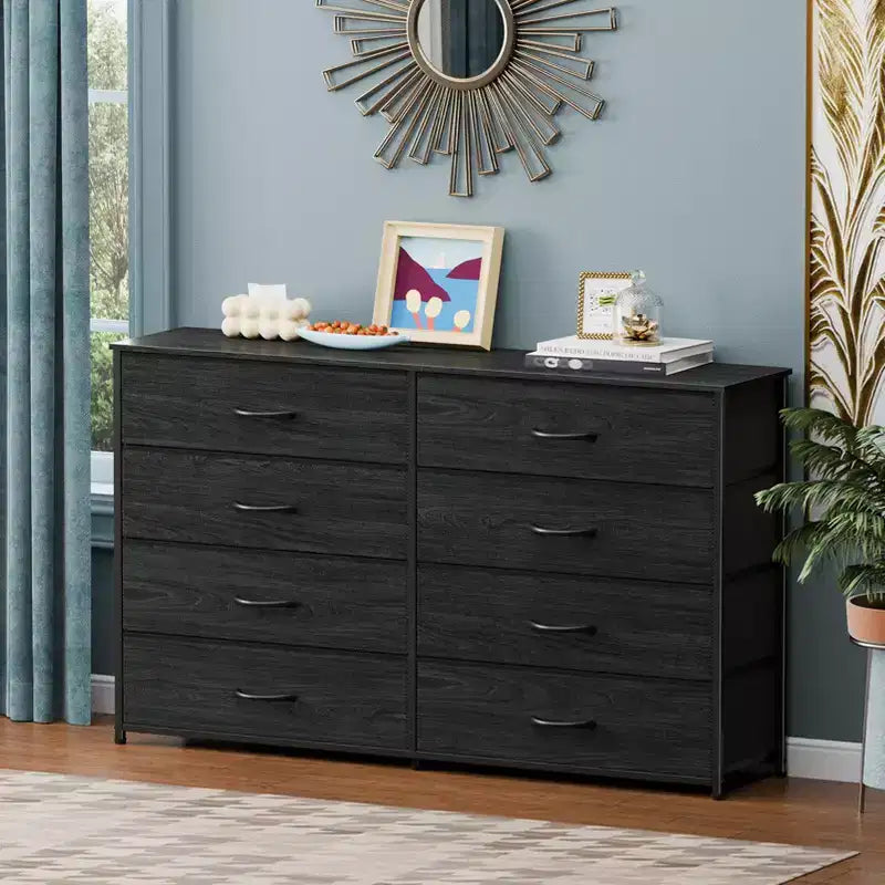Commode large en tissu pour chambre à coucher, avec 8 tiroirs de rangement, support TV de 140 cm, meuble TV, organisateur à plateau en bois, meuble de salon et de couloir.