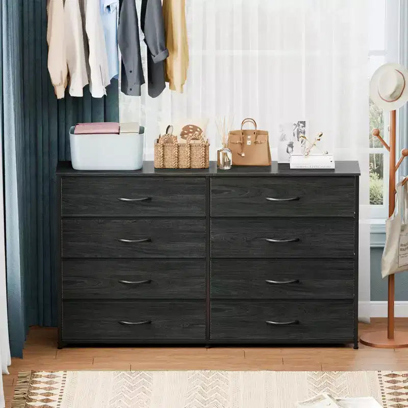 Commode large en tissu pour chambre à coucher, avec 8 tiroirs de rangement, support TV de 140 cm, meuble TV, organisateur à plateau en bois, meuble de salon et de couloir.