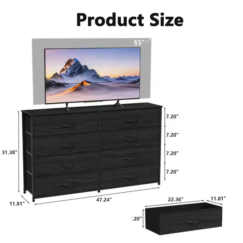 Commode large en tissu pour chambre à coucher, avec 8 tiroirs de rangement, support TV de 140 cm, meuble TV, organisateur à plateau en bois, meuble de salon et de couloir.
