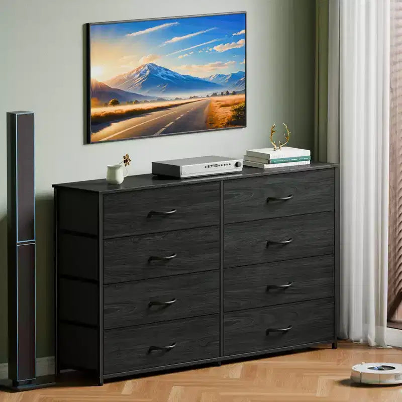 Commode large en tissu pour chambre à coucher, avec 8 tiroirs de rangement, support TV de 140 cm, meuble TV, organisateur à plateau en bois, meuble de salon et de couloir.