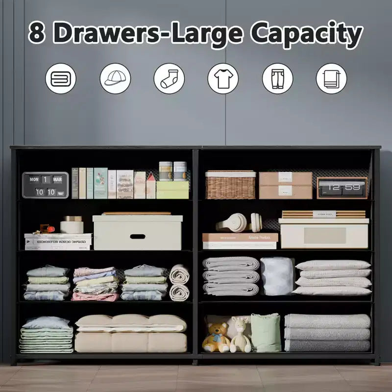 Commode large en tissu pour chambre à coucher, avec 8 tiroirs de rangement, support TV de 140 cm, meuble TV, organisateur à plateau en bois, meuble de salon et de couloir.