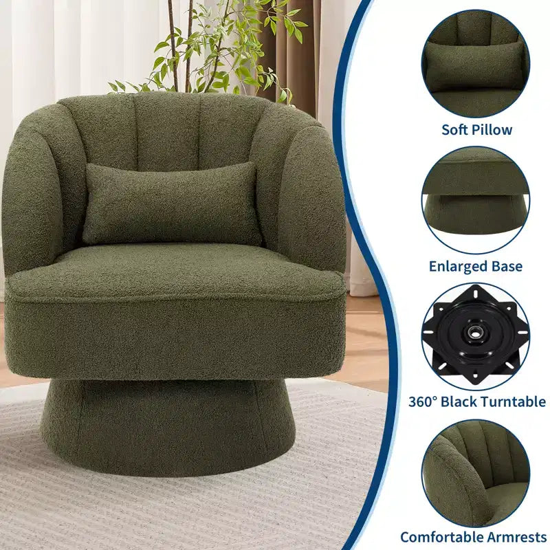 Fauteuil crapaud moderne, pivotant à 360°, avec dossier rayé incurvé et assise large et rembourrée, adapté aux salons, chambres à coucher.
