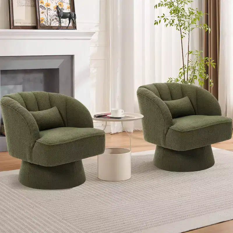 Fauteuil crapaud moderne, pivotant à 360°, avec dossier rayé incurvé et assise large et rembourrée, adapté aux salons, chambres à coucher.