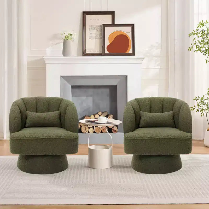 Fauteuil crapaud moderne, pivotant à 360°, avec dossier rayé incurvé et assise large et rembourrée, adapté aux salons, chambres à coucher.