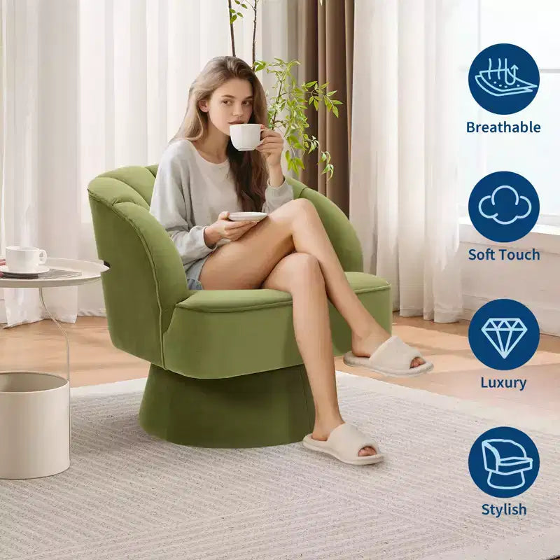 Fauteuil crapaud moderne, pivotant à 360°, avec dossier rayé incurvé et assise large et rembourrée, adapté aux salons, chambres à coucher.