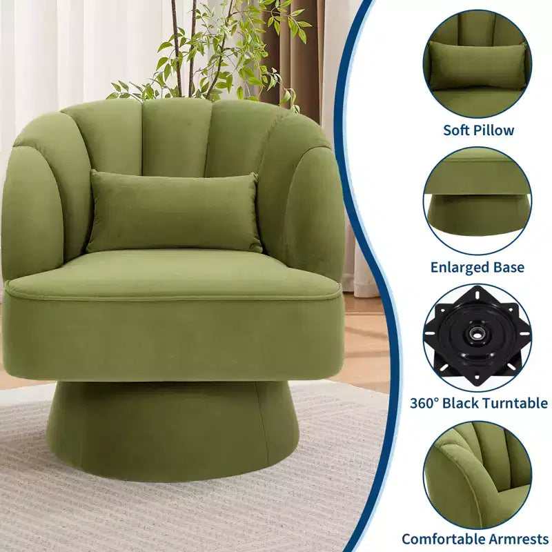 Fauteuil crapaud moderne, pivotant à 360°, avec dossier rayé incurvé et assise large et rembourrée, adapté aux salons, chambres à coucher.