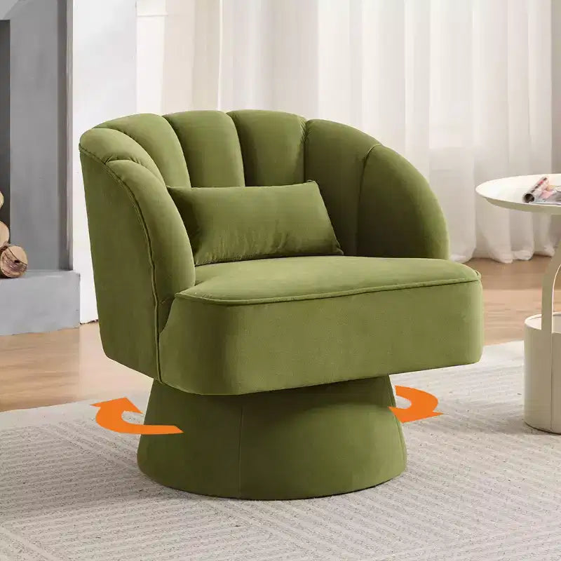 Fauteuil crapaud moderne, pivotant à 360°, avec dossier rayé incurvé et assise large et rembourrée, adapté aux salons, chambres à coucher.