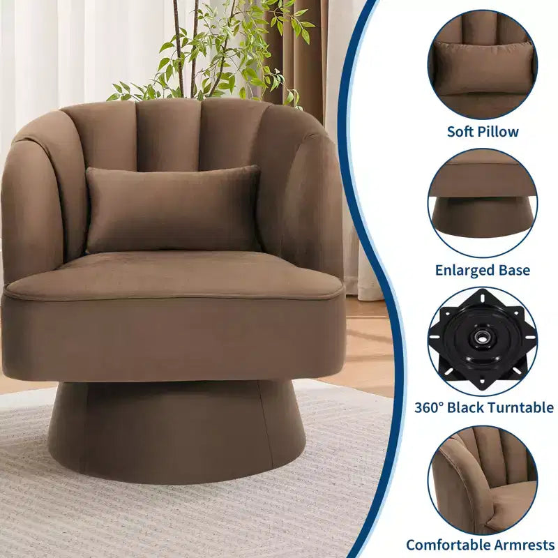 Fauteuil crapaud moderne, pivotant à 360°, avec dossier rayé incurvé et assise large et rembourrée, adapté aux salons, chambres à coucher.