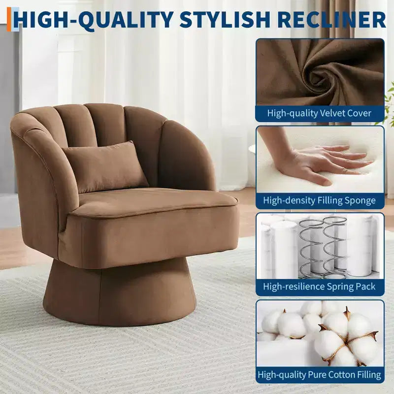 Fauteuil crapaud moderne, pivotant à 360°, avec dossier rayé incurvé et assise large et rembourrée, adapté aux salons, chambres à coucher.