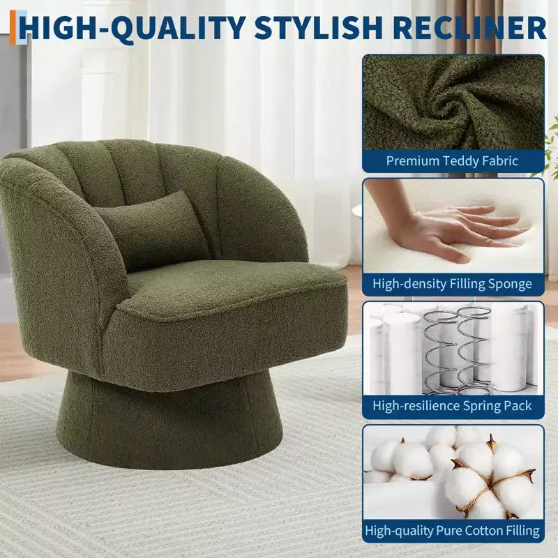 Fauteuil crapaud moderne, pivotant à 360°, avec dossier rayé incurvé et assise large et rembourrée, adapté aux salons, chambres à coucher.
