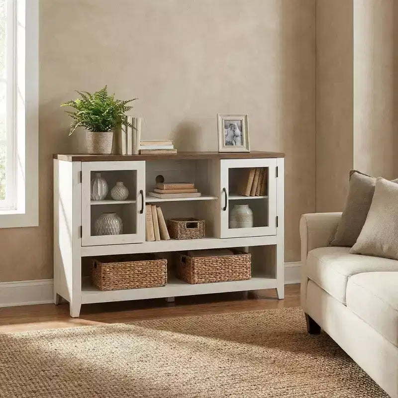 Buffet de rangement 53'' avec 3 étagères et 2 portes vitrées, Meuble bar à café, Design moderne du milieu du siècle pour salon, cuisine, entrée