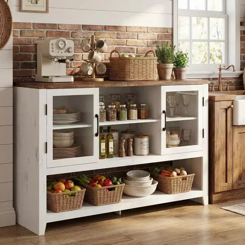 Buffet de rangement 53'' avec 3 étagères et 2 portes vitrées, Meuble bar à café, Design moderne du milieu du siècle pour salon, cuisine, entrée