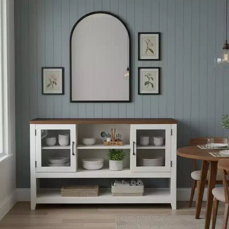 Buffet de rangement 53'' avec 3 étagères et 2 portes vitrées, Meuble bar à café, Design moderne du milieu du siècle pour salon, cuisine, entrée