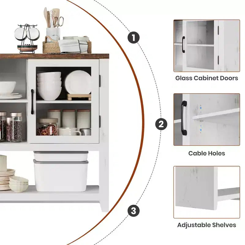 Buffet de rangement 53'' avec 3 étagères et 2 portes vitrées, Meuble bar à café, Design moderne du milieu du siècle pour salon, cuisine, entrée