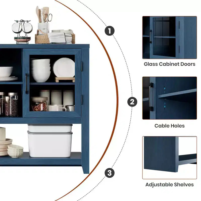 Buffet de rangement 53'' avec 3 étagères et 2 portes vitrées, Meuble bar à café, Design moderne du milieu du siècle pour salon, cuisine, entrée