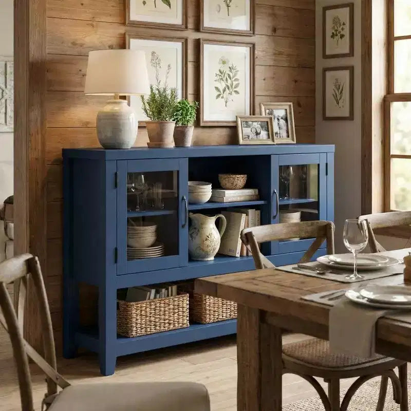 Buffet de rangement 53'' avec 3 étagères et 2 portes vitrées, Meuble bar à café, Design moderne du milieu du siècle pour salon, cuisine, entrée