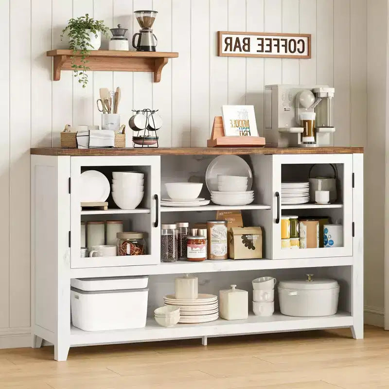 Buffet de rangement 53'' avec 3 étagères et 2 portes vitrées, Meuble bar à café, Design moderne du milieu du siècle pour salon, cuisine, entrée
