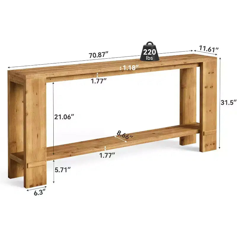 Console en bois massif de 70 pouces, table de canapé style ferme pour derrière le canapé, table d'entrée étroite pour salon, couloir, couleur bois naturel
