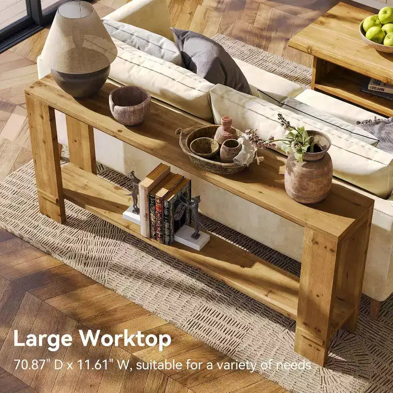 Console en bois massif de 70 pouces, table de canapé style ferme pour derrière le canapé, table d'entrée étroite pour salon, couloir, couleur bois naturel