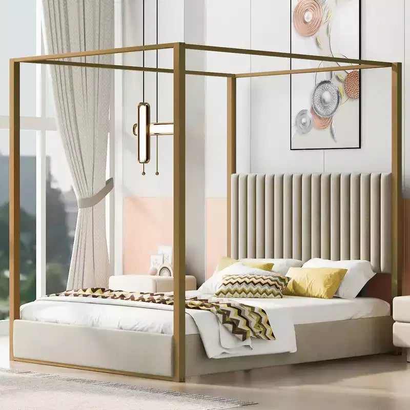 Queen/King Size Upholstered Canopy Platform Bed with Headboard and Metal Frame - ModernLuxe