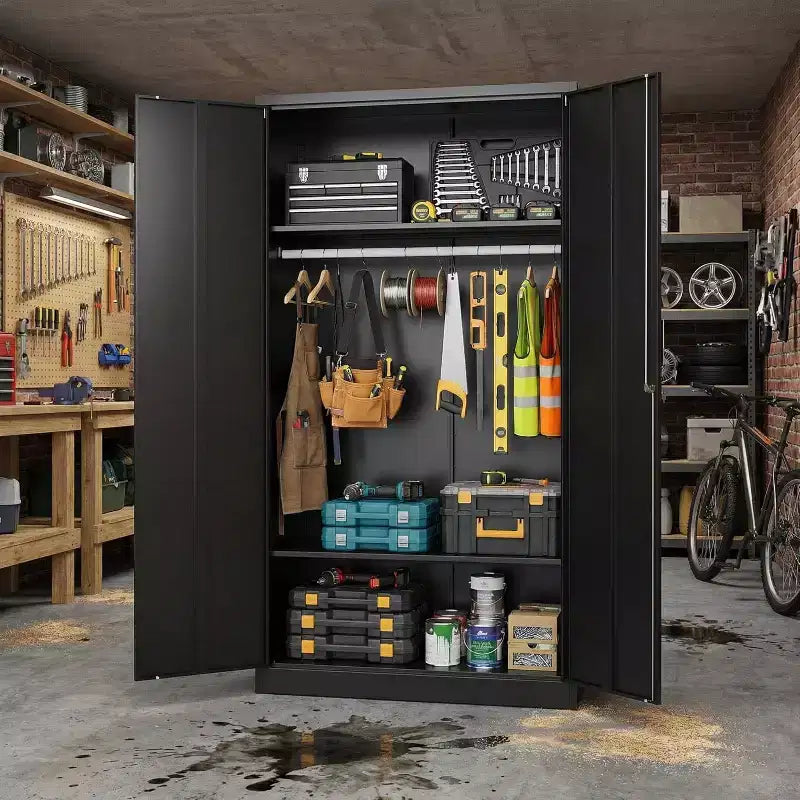 72in Wardrobe Cabinet with Lock, Black Metal Garage Storage Cabinets with Adjustable Shelves & Hanging Rod, Metal Cabinet Storage for Home, Bedroom