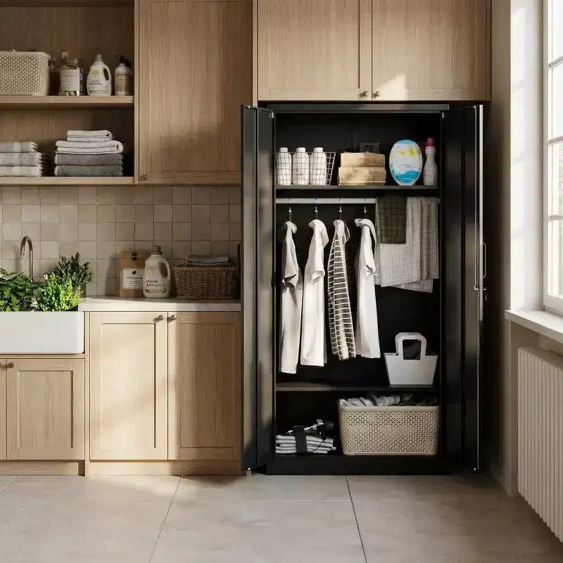 Armoire de rangement 72 po avec serrure, armoires de rangement de garage en métal noir avec étagères réglables et tringle à vêtements, armoire de rangement en métal pour la maison, la chambre