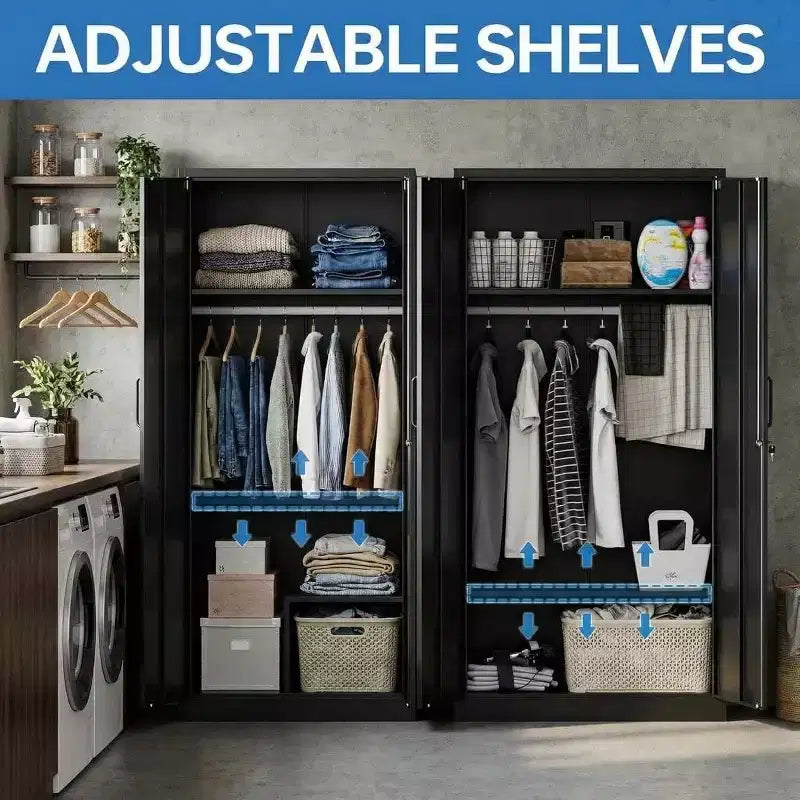 Armoire de rangement 72 po avec serrure, armoires de rangement de garage en métal noir avec étagères réglables et tringle à vêtements, armoire de rangement en métal pour la maison, la chambre