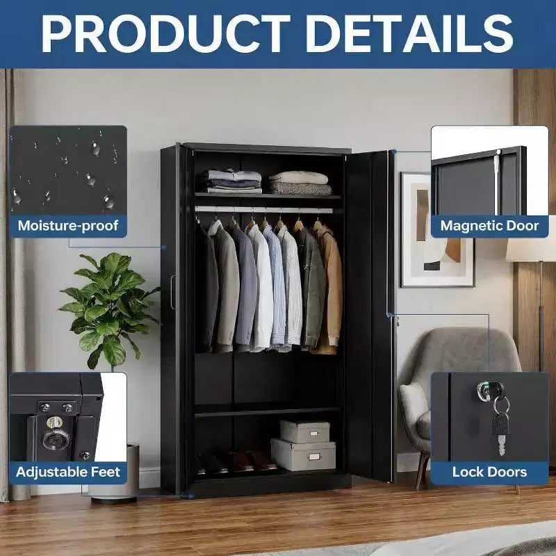 Armoire de rangement 72 po avec serrure, armoires de rangement de garage en métal noir avec étagères réglables et tringle à vêtements, armoire de rangement en métal pour la maison, la chambre