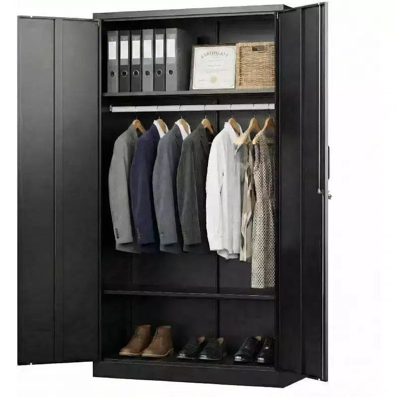 Armoire de rangement 72 po avec serrure, armoires de rangement de garage en métal noir avec étagères réglables et tringle à vêtements, armoire de rangement en métal pour la maison, la chambre