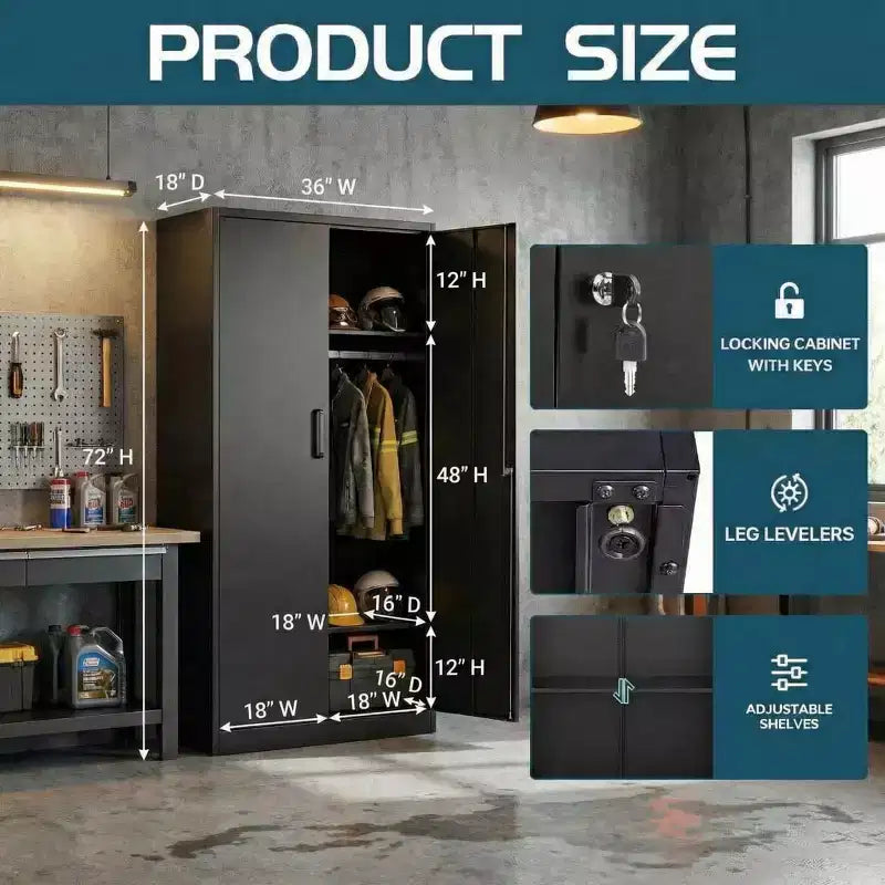 Armoire penderie en acier robuste de 183 cm avec serrure, armoires de rangement de garage en métal, armoire de rangement en métal pour la maison, la chambre, le bureau, le placard