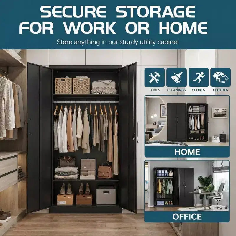 Armoire penderie en acier robuste de 183 cm avec serrure, armoires de rangement de garage en métal, armoire de rangement en métal pour la maison, la chambre, le bureau, le placard