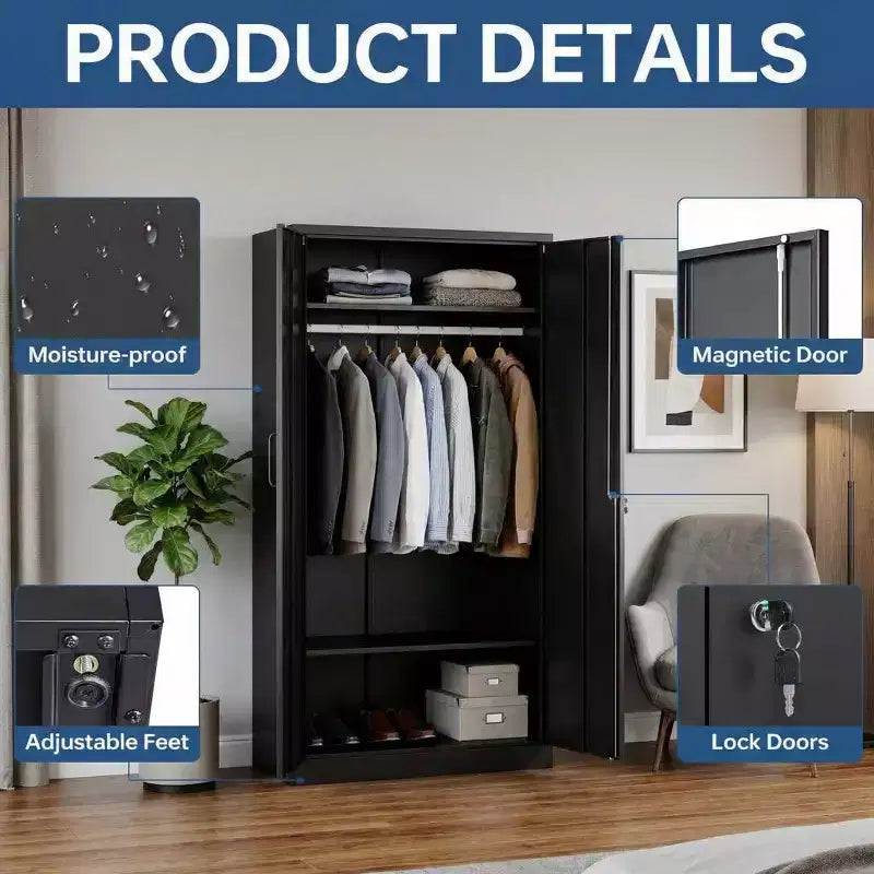 Armoire penderie en acier robuste de 183 cm avec serrure, armoires de rangement de garage en métal, armoire de rangement en métal pour la maison, la chambre, le bureau, le placard