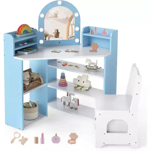 BALHAM TRADE-2 in 1 Corner Kids Vanity with Lights Open Storage Shelves Set Lighted Mirror